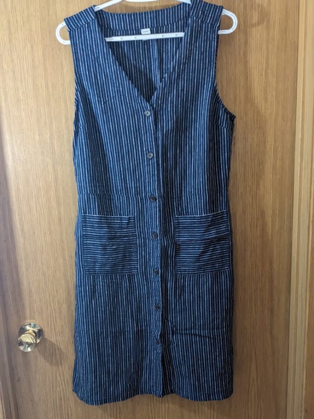 Old Navy Sleeveless Linen-Blend Shirt Dress button-front navy blue stripe
